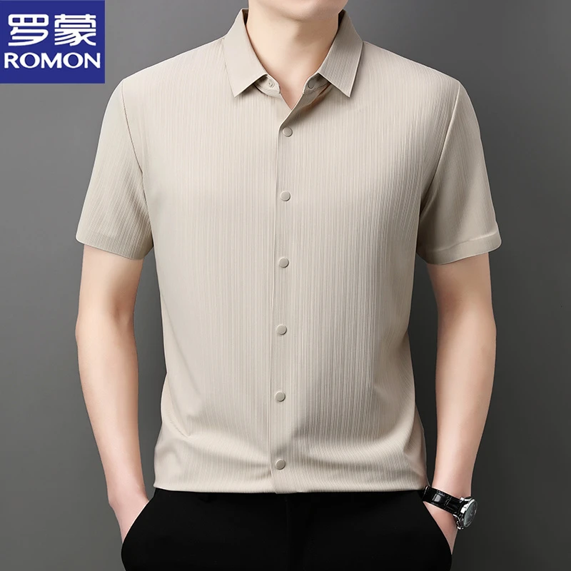罗蒙夏季冰丝速干锦氨无痕半袖衬衫男商务休闲正装男士短袖衬衣服