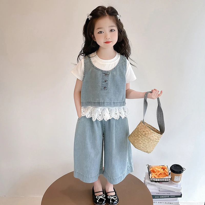 女童休闲牛仔套装2025新款儿童夏装韩版洋气女宝宝夏季薄款三件套