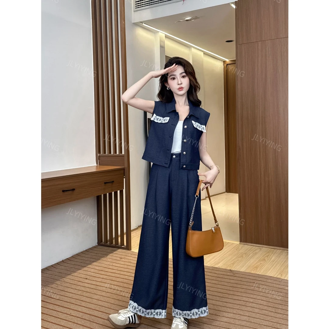 春夏新款小众蕾丝拼接无袖百搭气质阔腿裤时尚套装7022