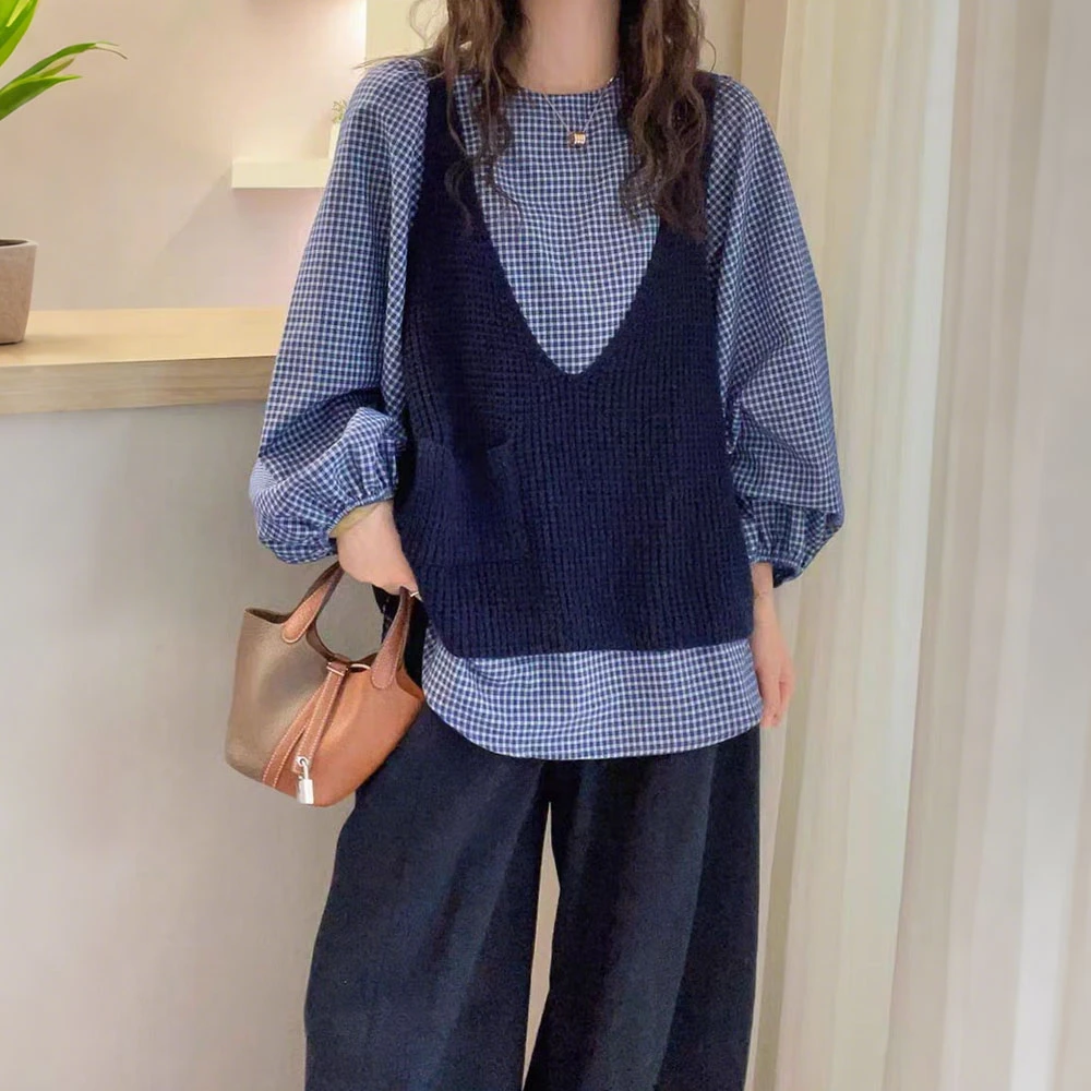 针织马甲背心叠穿格子衬衫两件套女2025早秋新款高级感套装上衣潮