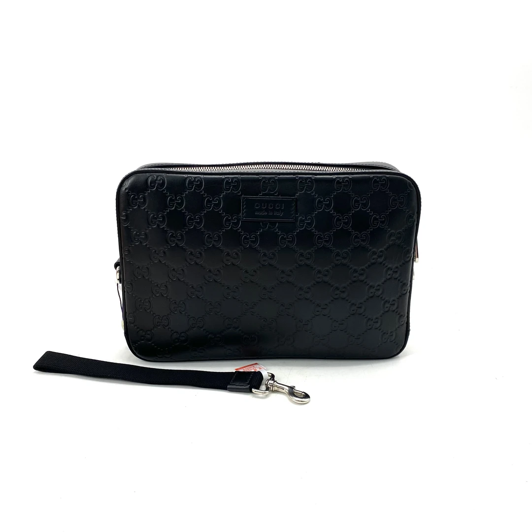 99新 GUCCI/古驰 黑色全皮压花手拿包 尺寸27/19