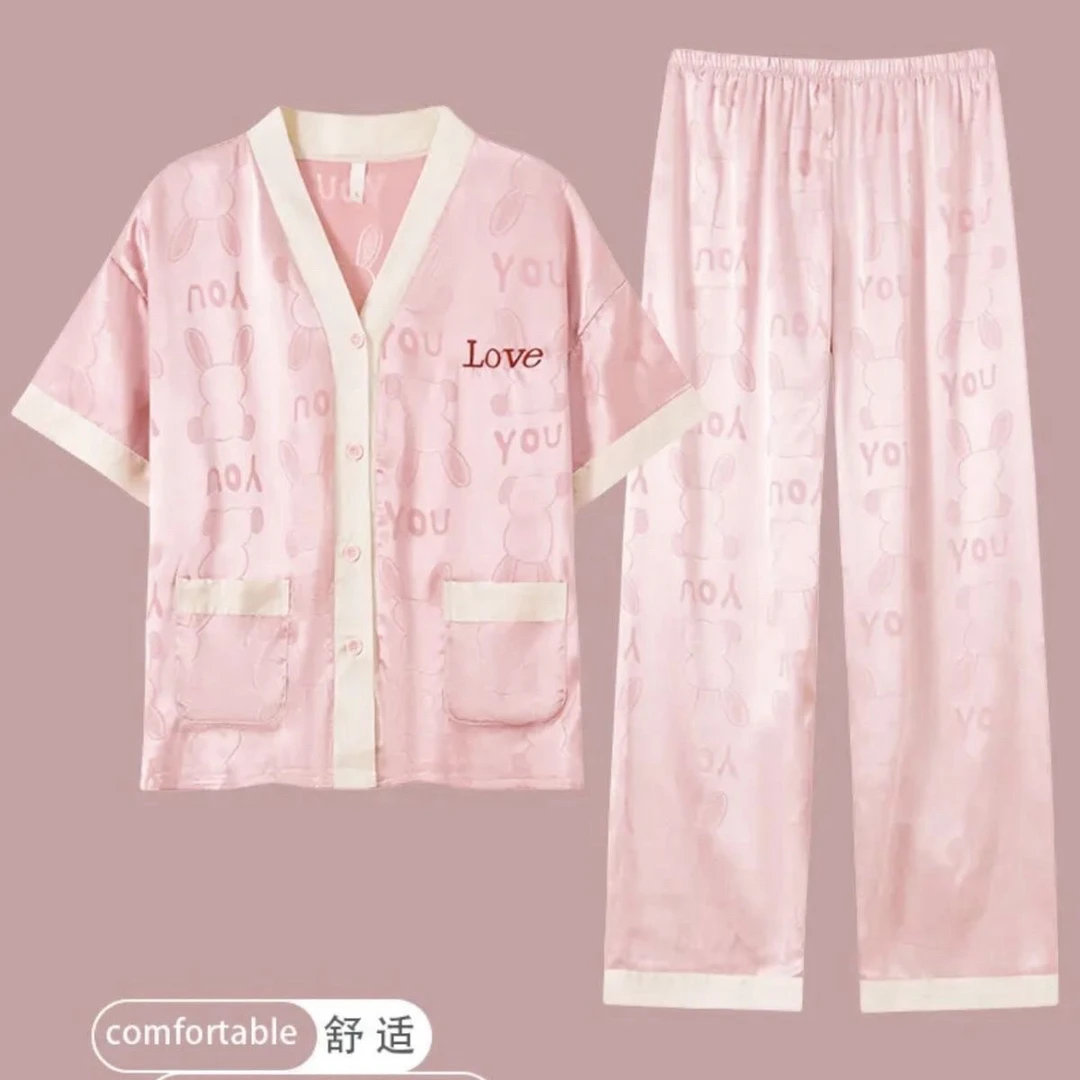 夏季冰丝女款薄款高级感可外穿短袖开衫宽松家居服2 件套2色