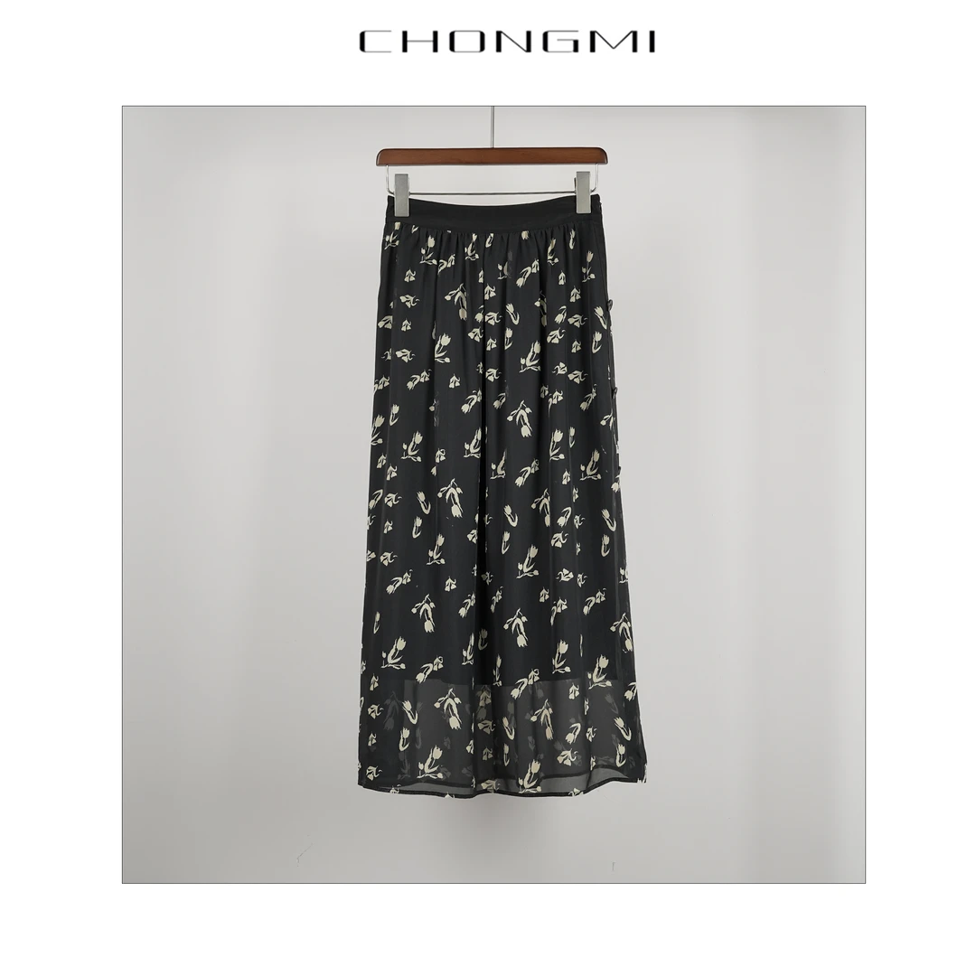 黑色印花桑蚕丝半身裙女2025夏季新款碎花中长裙潮流气质百搭W