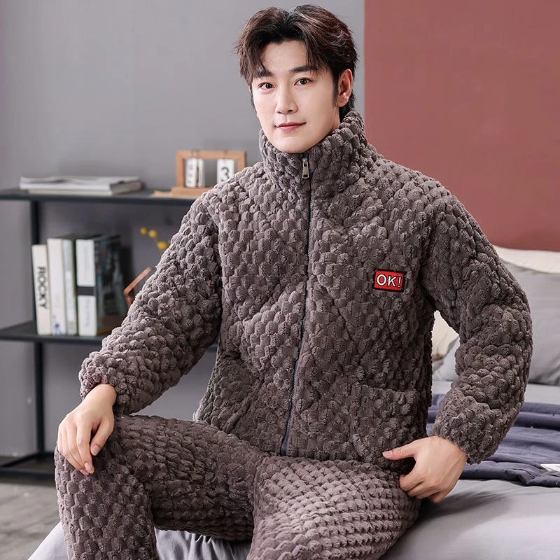 男款冬季高领睡衣冬款加厚家居服保暖冬装家居服套装