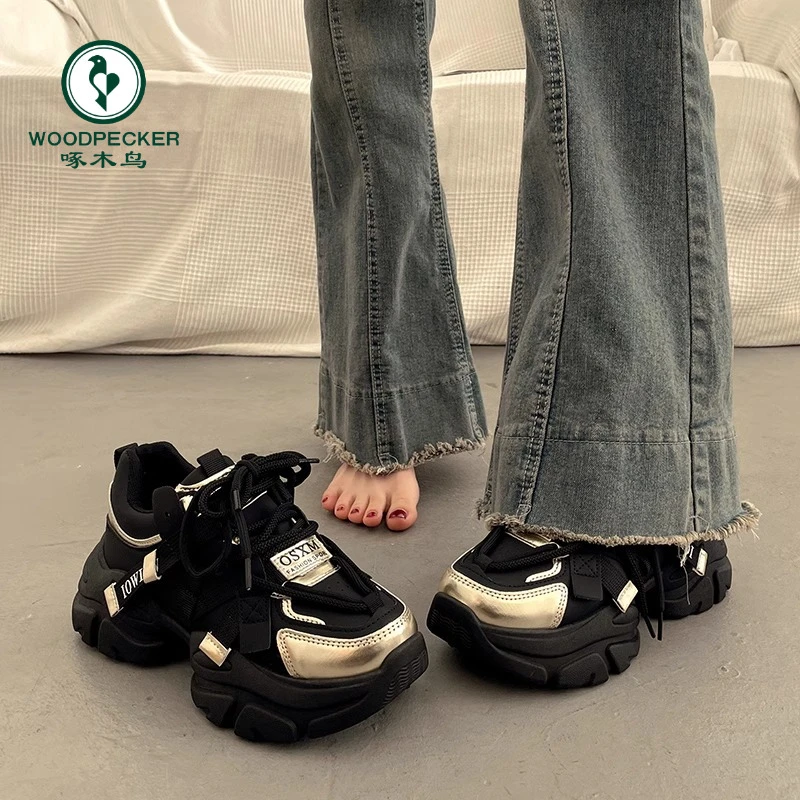 啄木鸟显脚小港风网面厚底老爹鞋春秋2025新款爆款增高休闲运动鞋