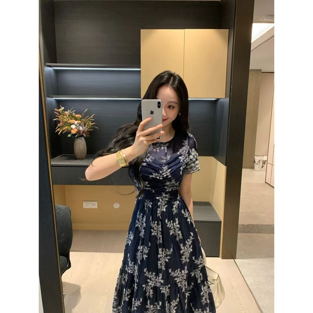 XINYI【柔光花秀】夏季天丝绣花连衣裙收腰显瘦气质裙X625Q10320