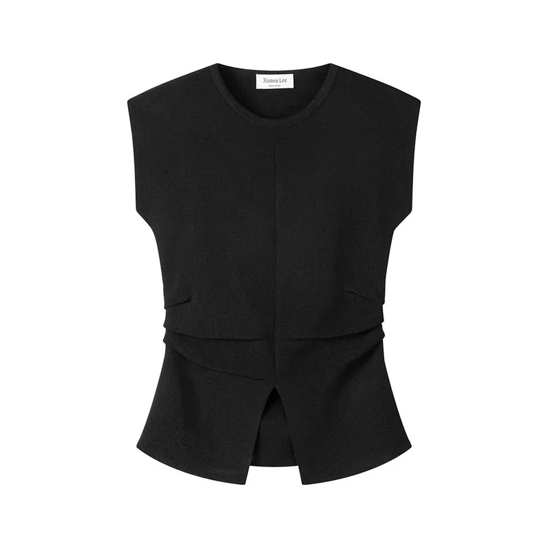 【LISA专属】夏季新款高级圆领开叉坎肩针织两边抽褶收腰修身77S-4