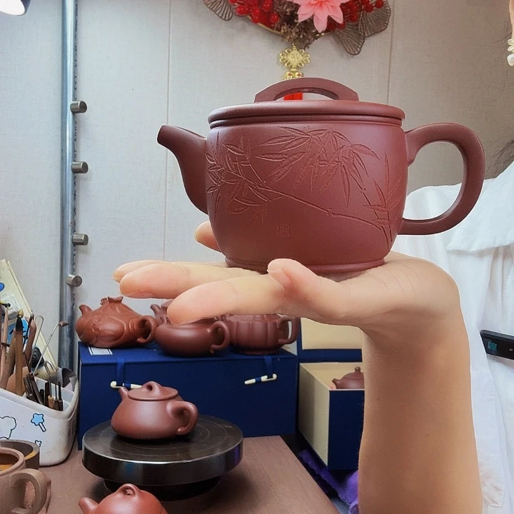 权***茶壶紫砂汉瓦刻绘半手精工，底槽清260毫升