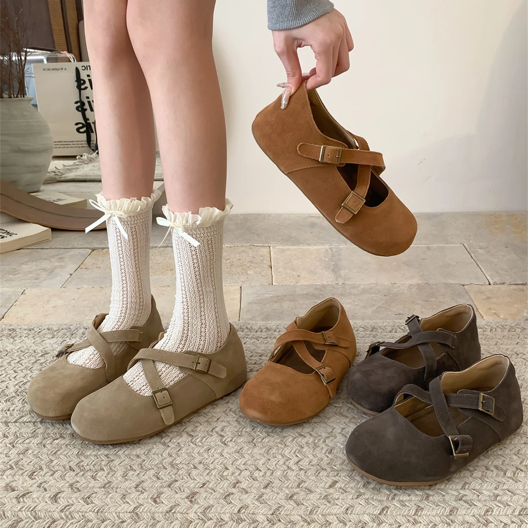 内增高版~森系复古软底交叉带玛丽珍鞋女春秋真皮小皮鞋浅口单鞋