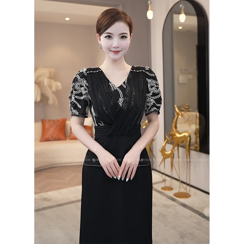 唐熹2025夏季新款【H-X568】精致轻奢设计感小众收腰V领短袖连衣裙