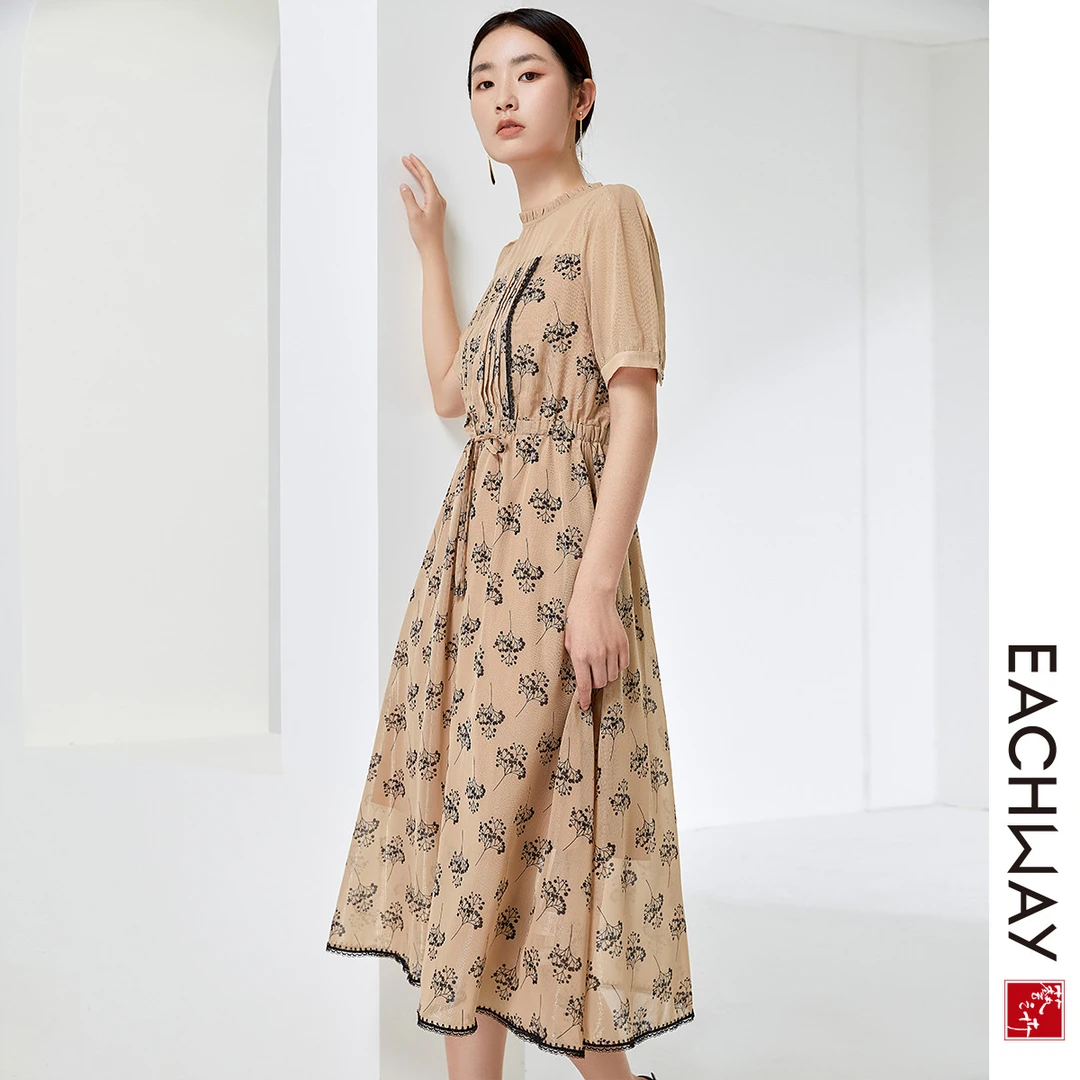 艺之卉时尚流光纱碎花裙气抽绳收腰短袖连衣裙春夏款中长款雪纺裙