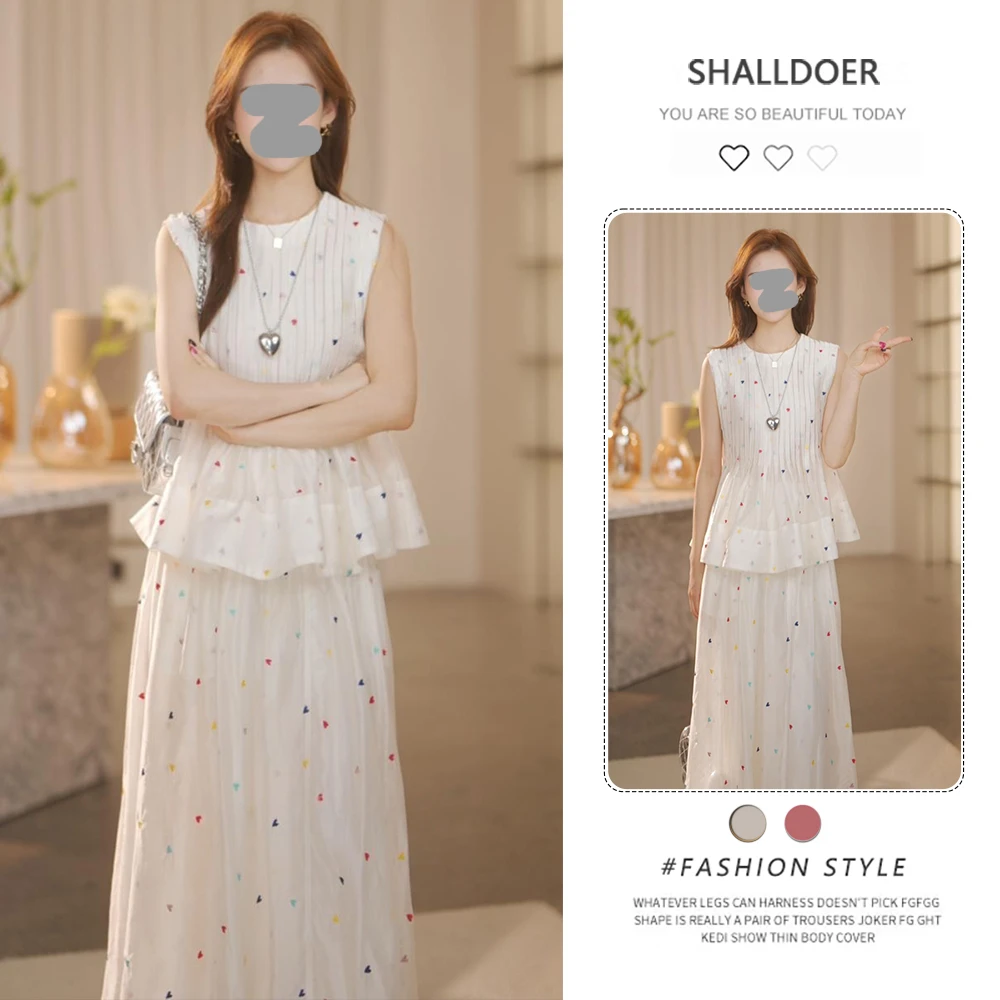 2025年夏季新款两件套女韩版圆领爱心绣花无袖上衣高腰半身裙套装