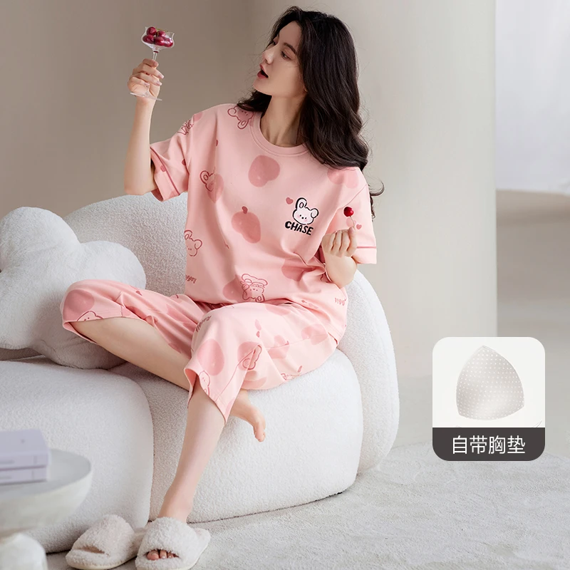 芬腾【带胸垫】防凸点睡衣女夏季纯棉短袖七分裤套装休闲女款家居服