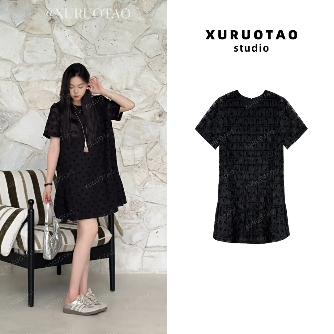 XURUOTAO 【典雅女主裙】黑波点设计老钱风显瘦黑色连衣裙 T5423