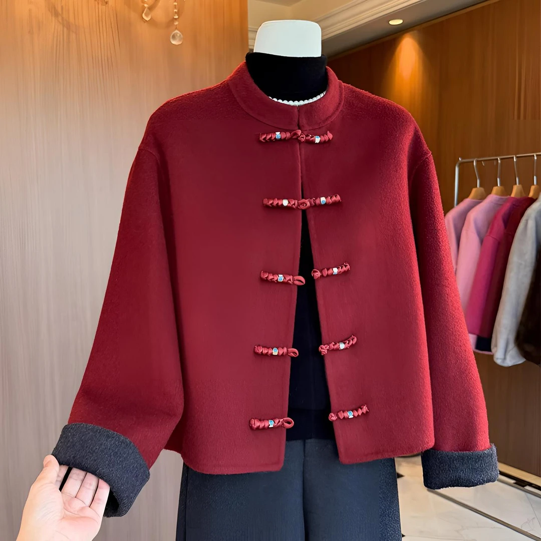 新中式妈妈装100%双面羊毛外套冬季喜婆婆国风高级红色短款呢大衣