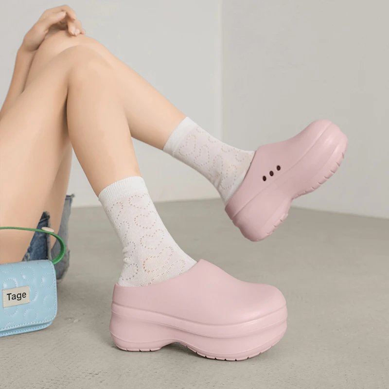 粉色厨师鞋女秋冬款勃肯鞋厚底增高小个子一脚蹬包头半拖鞋网红in