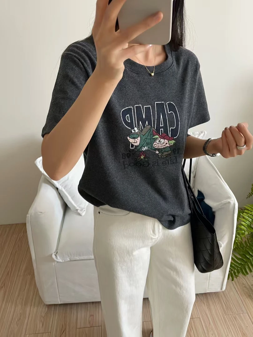 常规款宽松型短袖印花中长款T恤百搭白色卡通针织半袖休闲磨毛