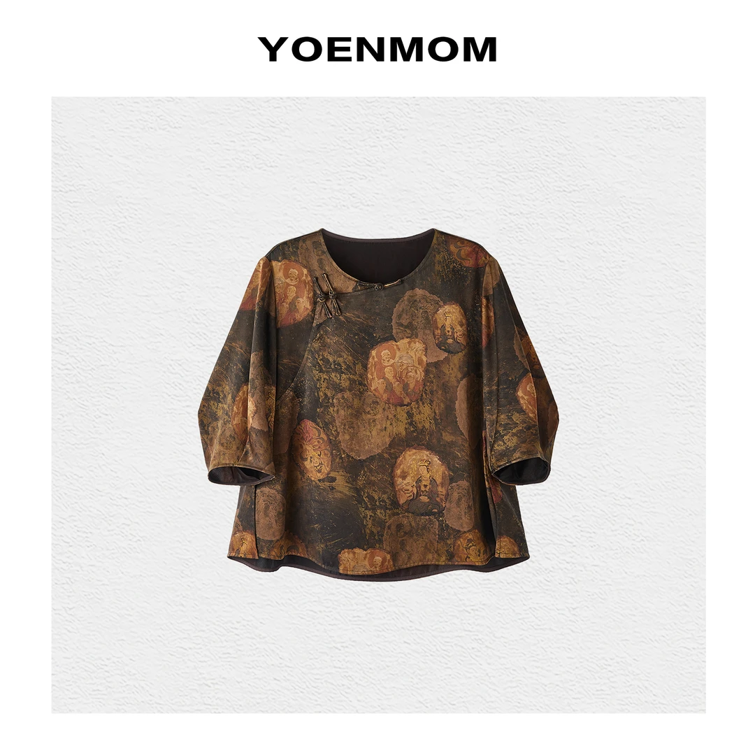 YOENMOM·敦煌壁画·100桑蚕丝泥染重缎香云纱复古老钱斜襟圆领上衣