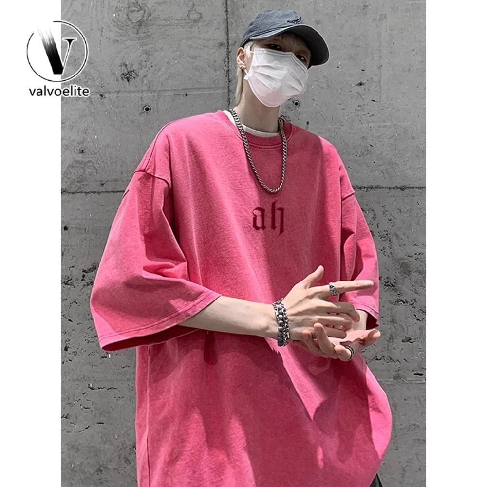VALVOELITE粉色高克重磅t恤男款美式复古做旧短袖欧美hiphop半袖