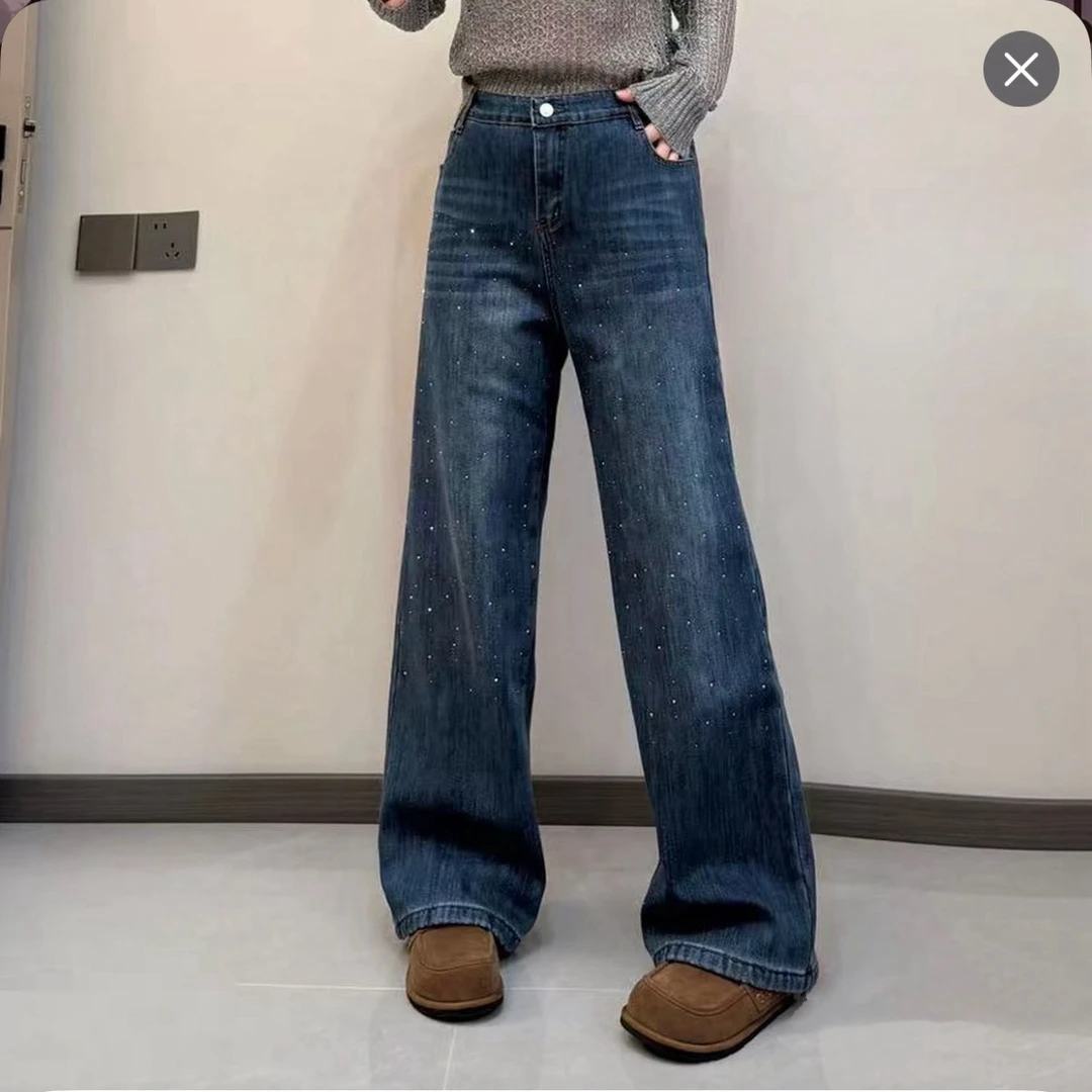 30063#广州高品质大码加绒满天星烫钻窄版直筒牛仔裤