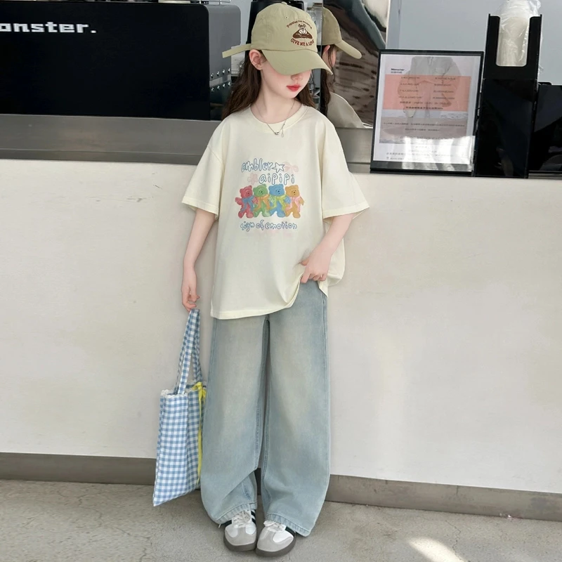 女童夏季韩版宽松T恤短袖2025洋气新款中大儿童6-12-15夏装牛仔裤