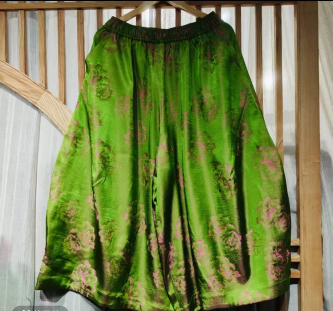 凤徕兮私人定制绿底粉色暗纹花全松紧加衬花苞裤 (SK5217)