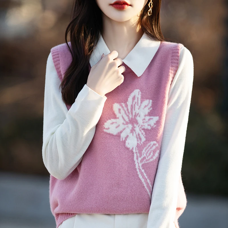 【西绒尔      100羊毛】纯毛七针新款一枝花无袖圆领时尚马甲CX046