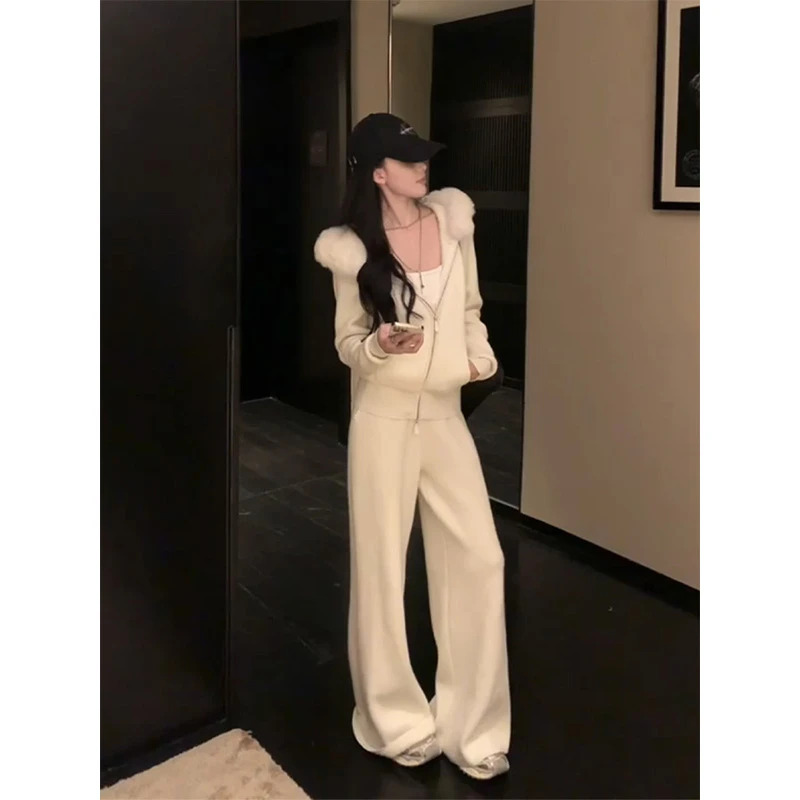 parkyeon通勤简约毛领针织长袖开衫女白色宽松显瘦阔腿裤两件套