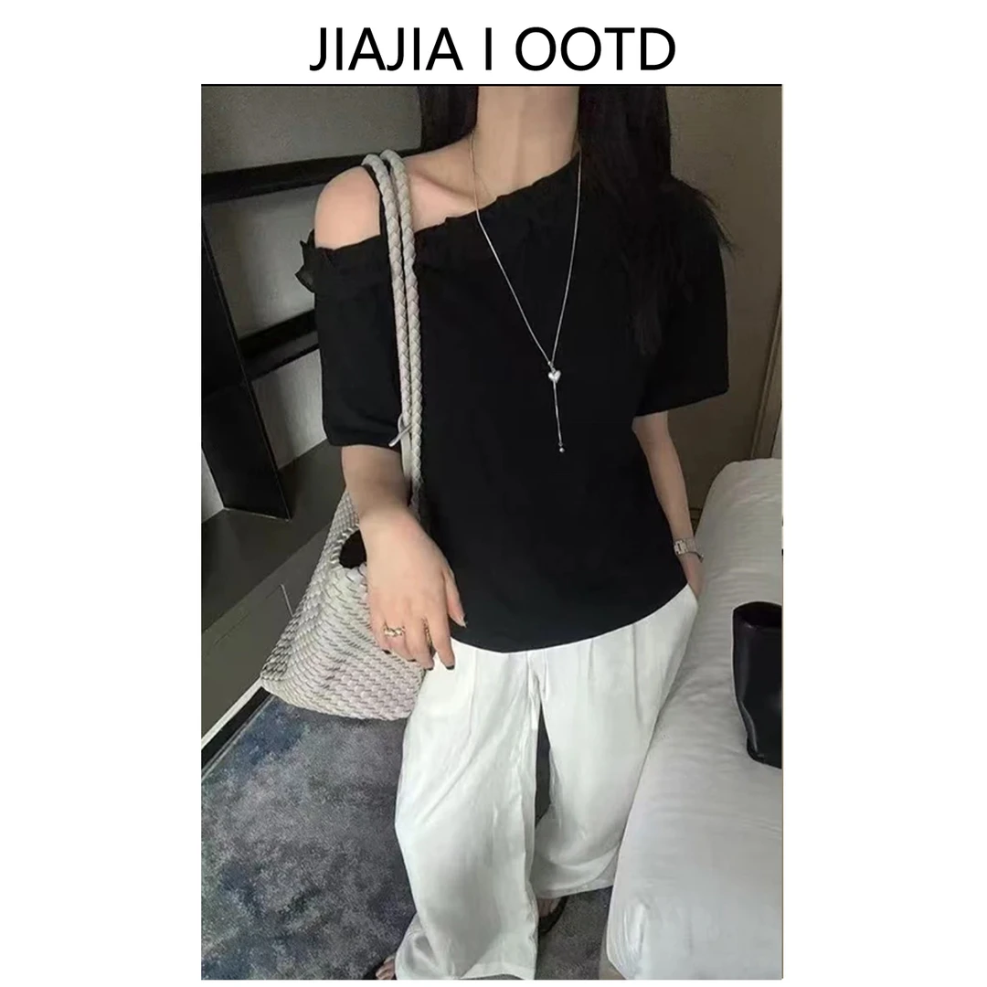 B287韩系2025夏季新款时尚镂空露肩木耳边百搭显瘦纯欲短袖T恤衫