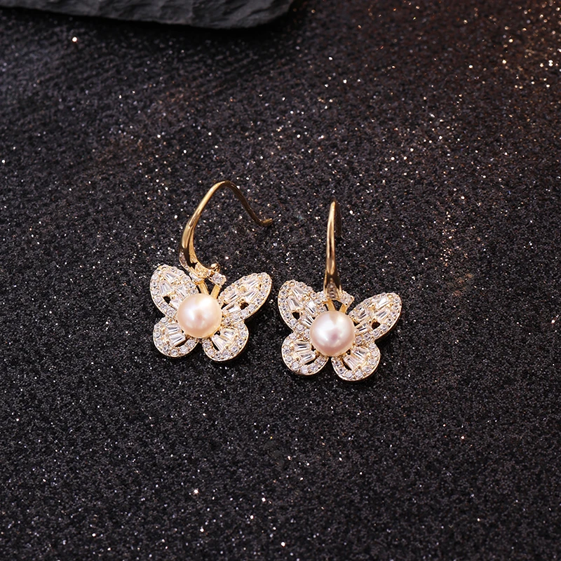 铜合金耳饰 《货号9602》蝴蝶珠珠耳钩款耳环