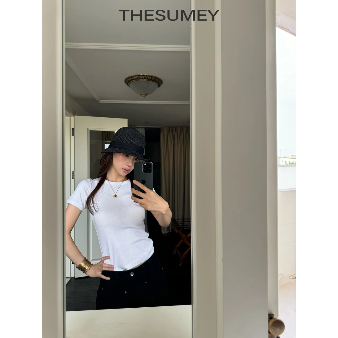 THESUMEY白色正肩短袖t恤女夏季25新款纯色圆领修身显瘦百搭上衣