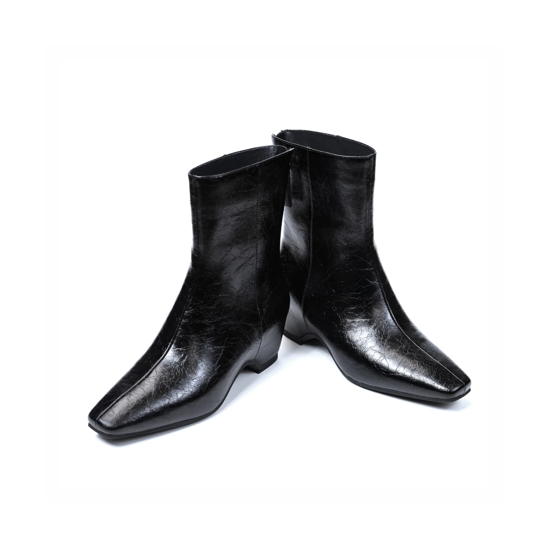 牛皮~5CM~印花皮后拉链秋冬尖头短筒马丁靴方头高跟CKW  3115Y6H