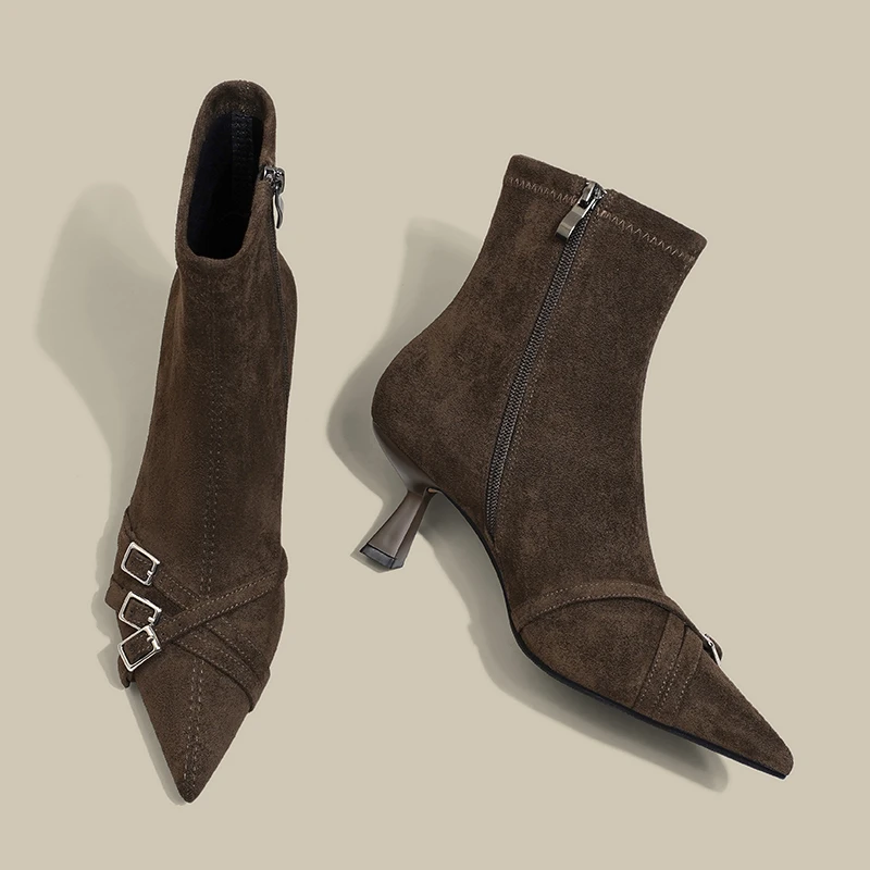 Moleubak尖头短靴女高跟鞋皮带扣绒面袜靴子细跟马丁瘦瘦靴6cm