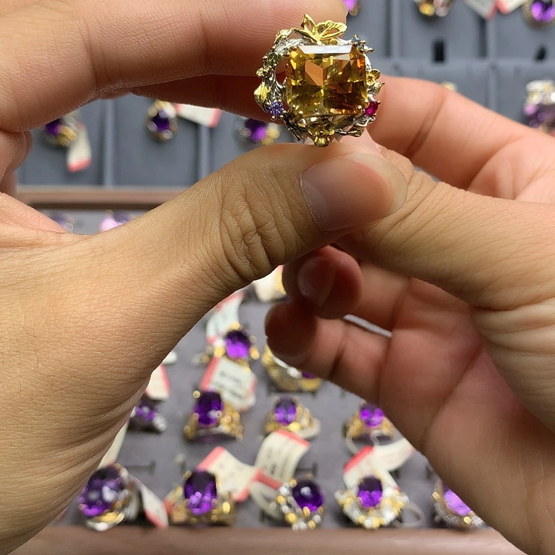 银S925镀金镶嵌水晶戒指