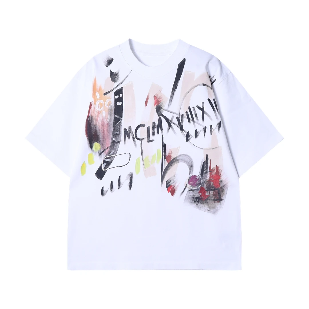 夏季高级感新款美式手绘涂鸦字母圆领短袖T恤宽松潮流情侣上衣