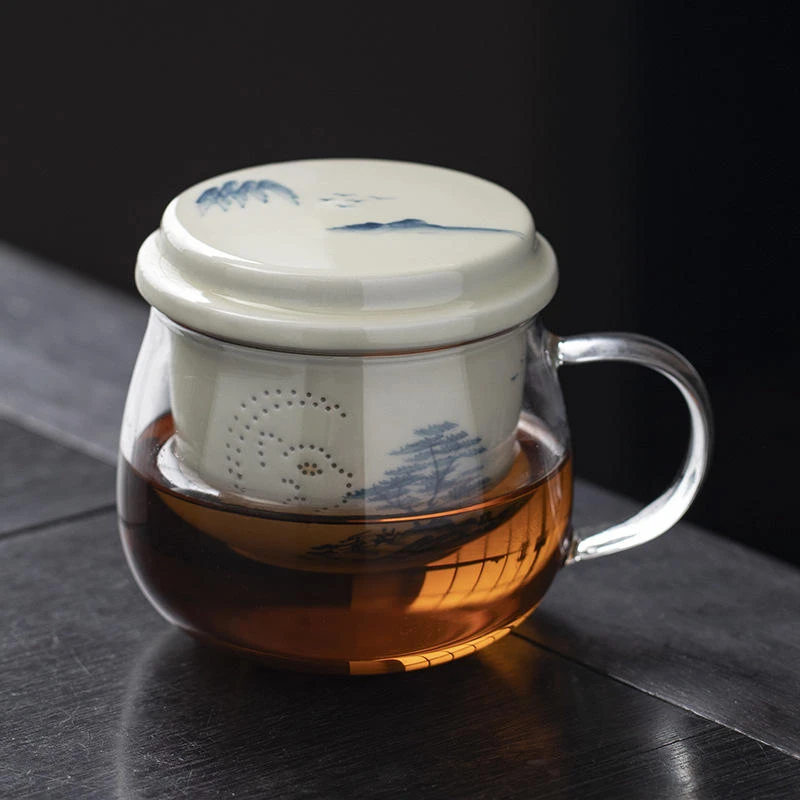 手绘山水茶水分离杯玻璃耐热泡茶杯带盖过滤家用喝茶杯办公室家用