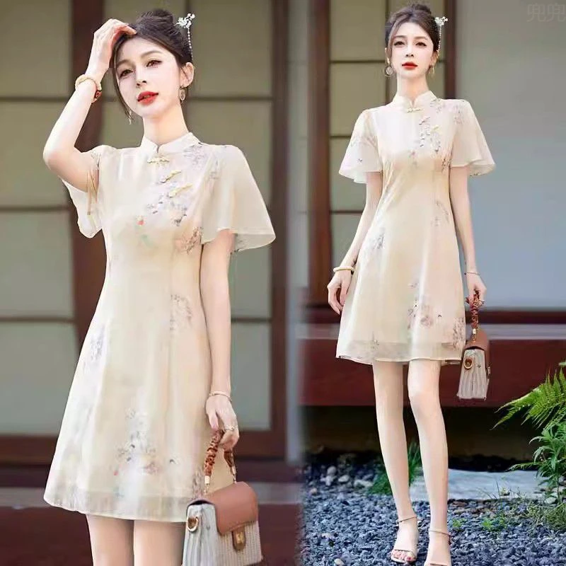 新中式连衣裙小个子女夏季国风高级感改良旗袍少女年轻款短款裙子