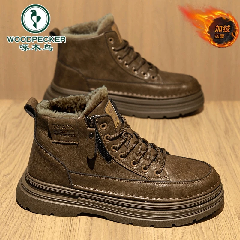 【啄木鸟】正品男鞋2026新款冬季复古加绒棉鞋高帮板鞋马丁靴休闲潮