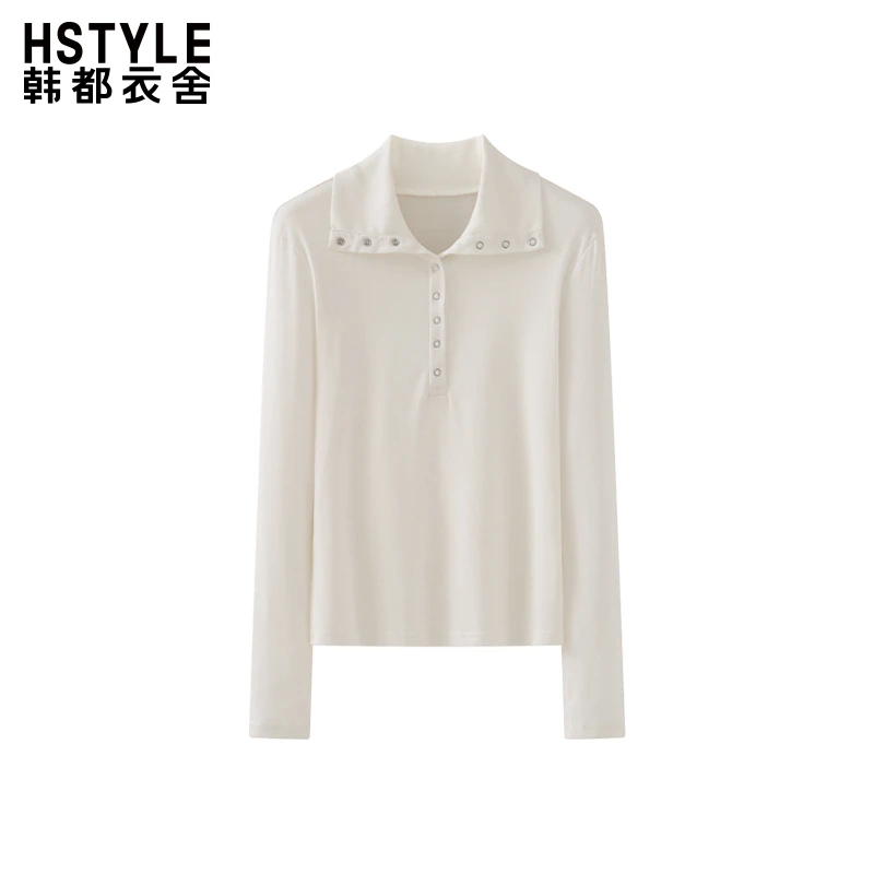 韩都衣舍翻领设计感小众别致按扣半门襟长袖T恤女通勤气质上衣夏