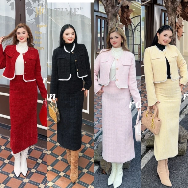 Rayhon一套法式小香风气质女装短外套搭配半身裙时尚套装