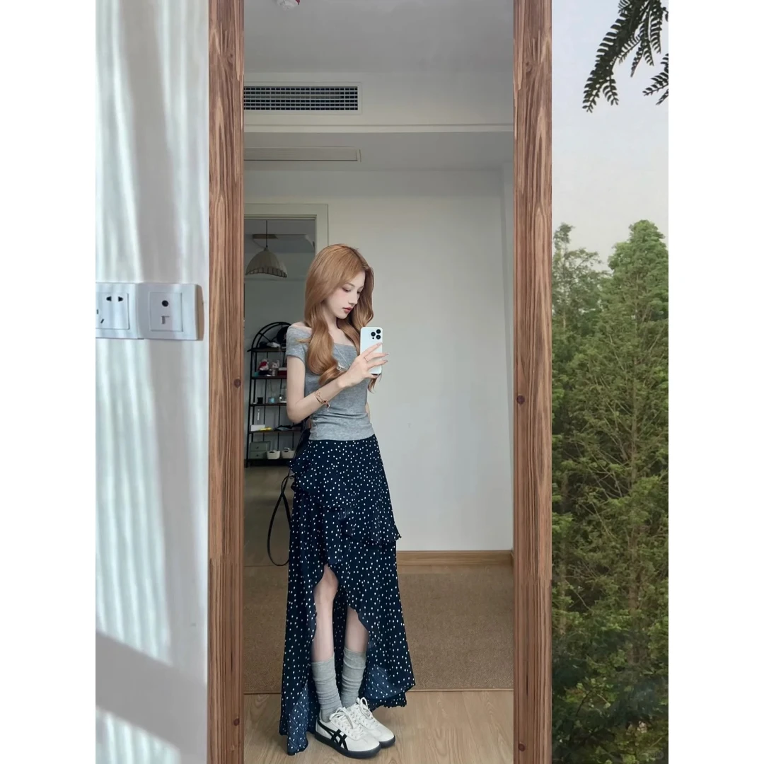 洋气甜美可爱衣服小众女装时尚气质灰色短袖上衣印花半身裙套装