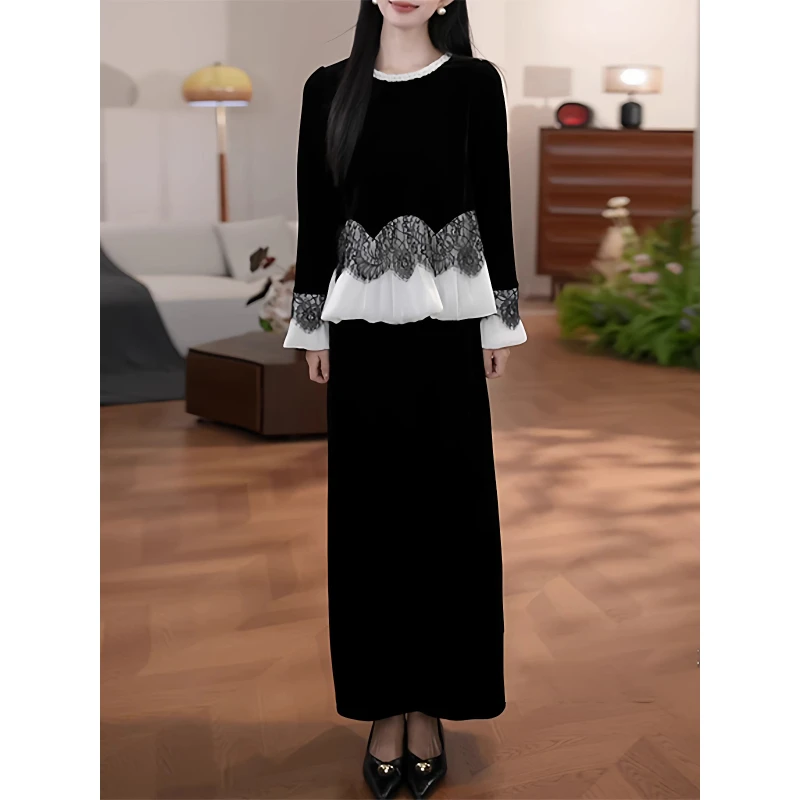 两件套时尚套装高级时尚百搭拼接蕾丝上衣秋季新款显瘦半身裙套装