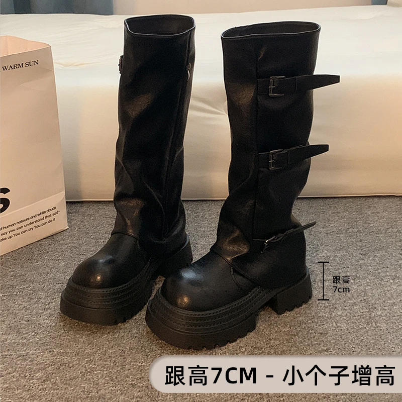 贾不假厚底增高裤管靴女款2025新款秋冬皮带扣长筒靴子小个子显瘦