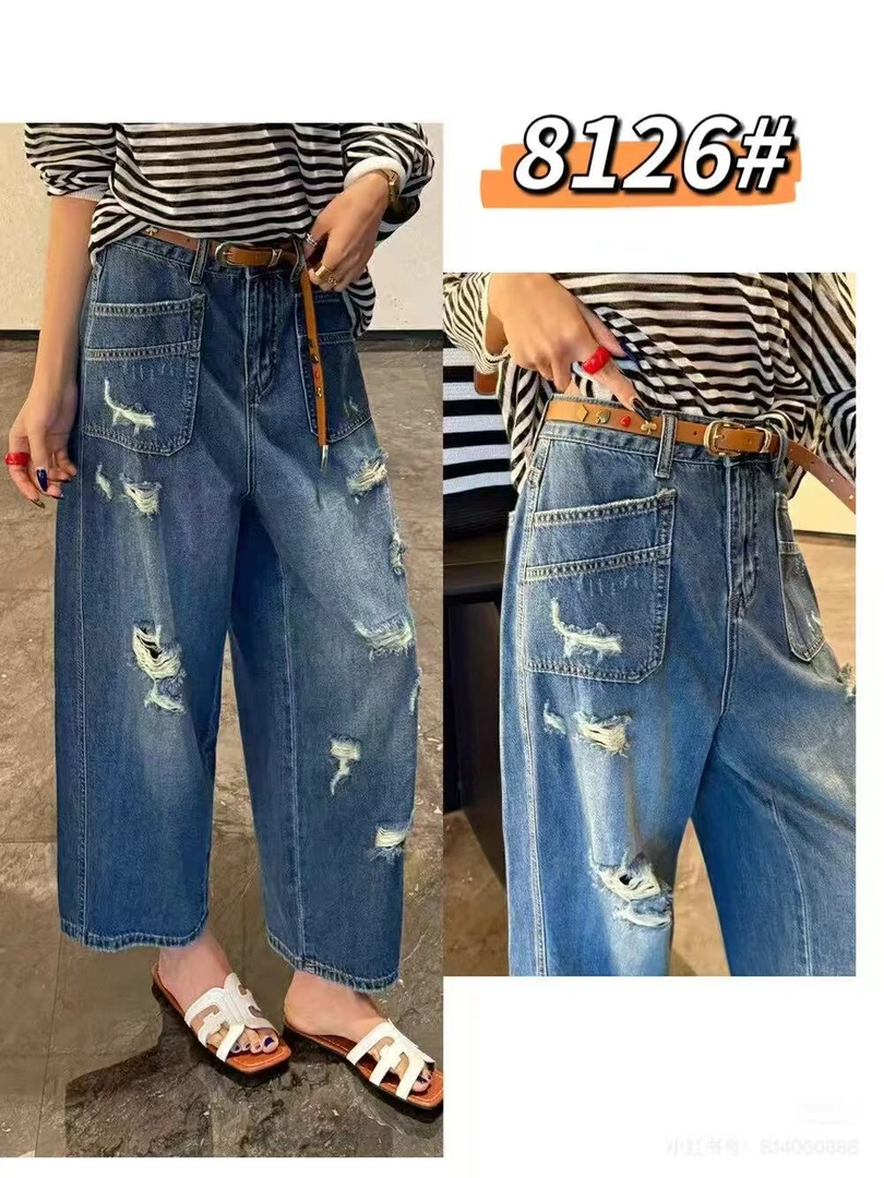 （小娜家）大码薄款高腰直筒宽松破洞牛仔裤2025夏季薄款时尚洋气