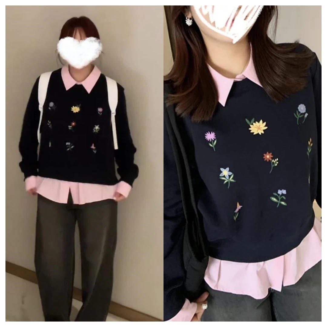 【韩女配方】微胖韩系简约花朵刺绣拼接假两件卫衣女C6327