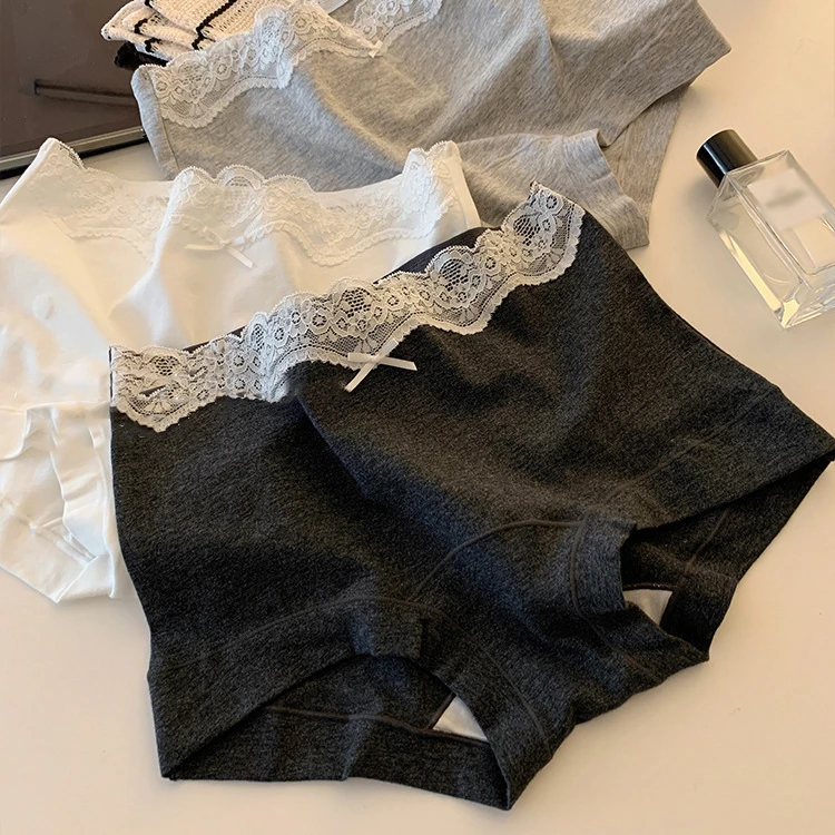 日系蝴蝶结无痕蕾丝边平角内裤女生款女士中高腰包臀裸舒适大码女