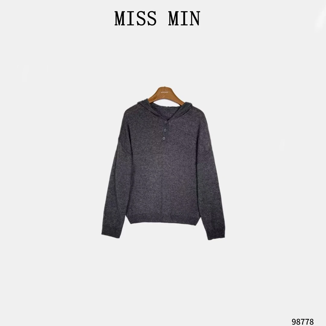 MISS MIN【密语】连帽蕾丝拼接针织设计小众衣服通勤显瘦毛衣 98778