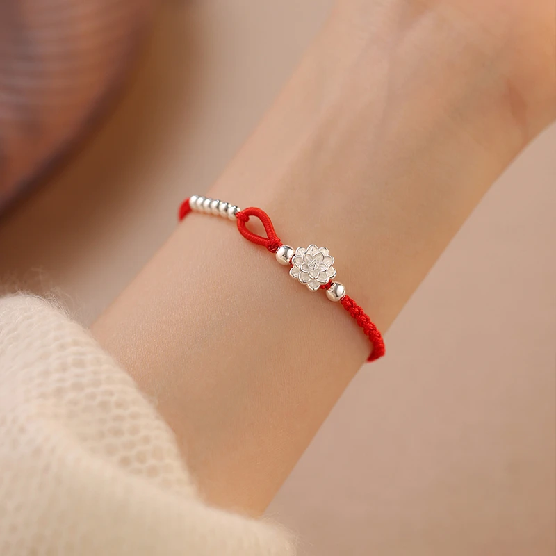 925银手链 纯银莲花手绳本命年2025蛇过新年手镯女生闺蜜红绳手串