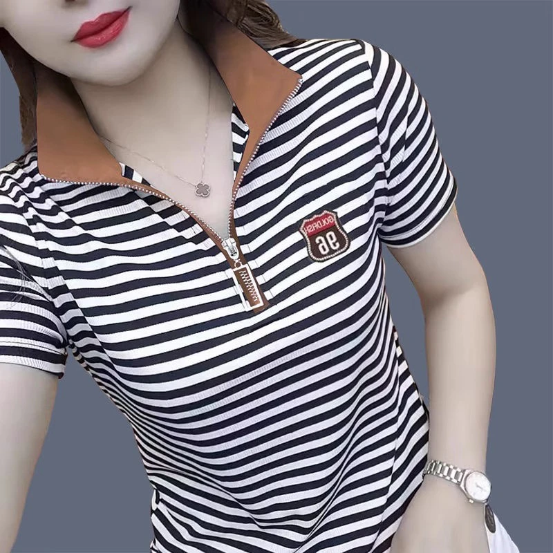 polo衫条纹t恤新款立领半拉链时尚翻领撞色休闲百搭