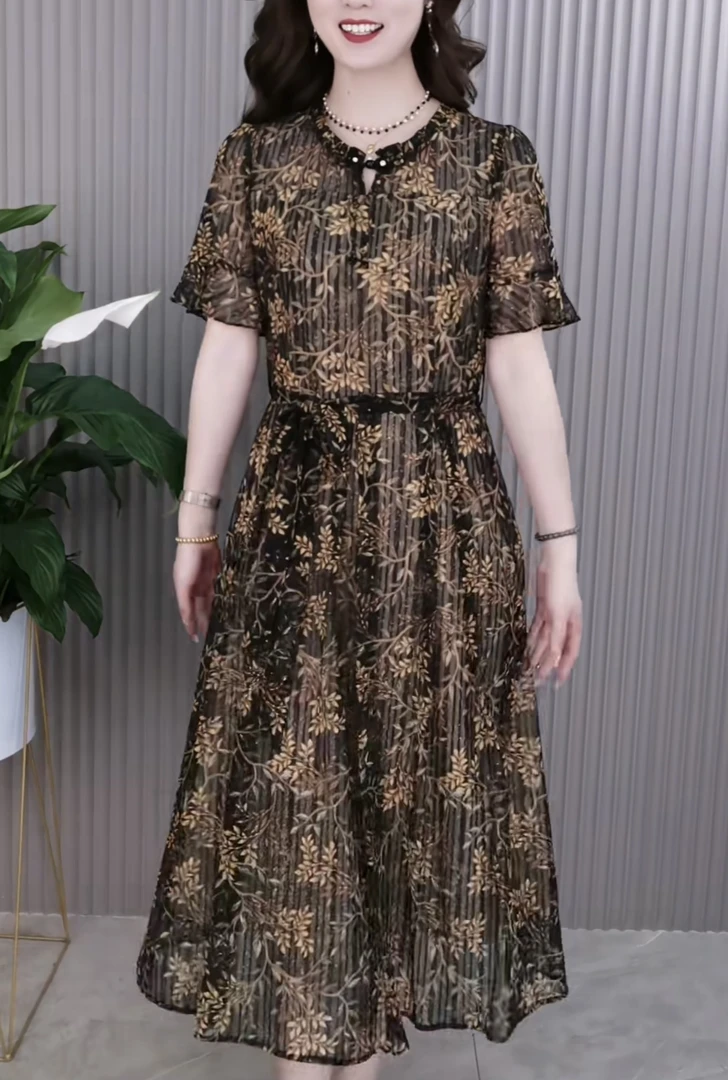 K034轻奢感碎花连衣裙女夏季新款休闲百搭减龄收腰妈妈过膝长裙子